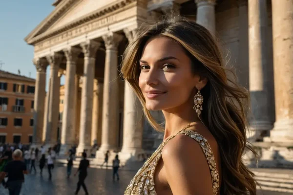 A stylish woman in golden dress near historical architecture in Rome during sunset