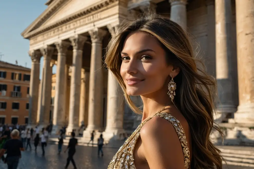 A stylish woman in golden dress near historical architecture in Rome during sunset