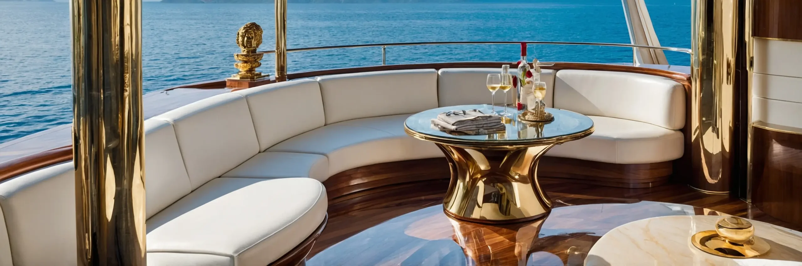 Elegant yacht deck featuring glossy teak floors, curved white leather seating, and a gold-trimmed table for two, with panoramic views of turquoise waters and a tropical island under the sun.