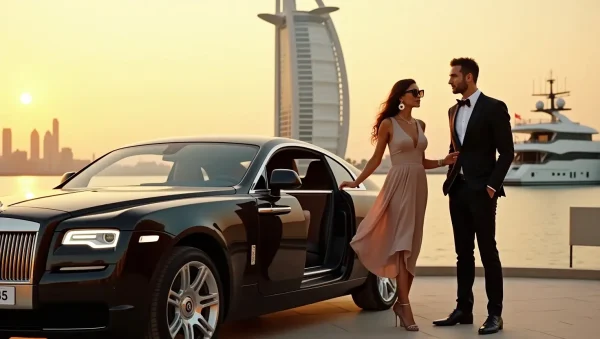 Elegant couple next to a luxury car in Dubai, with the Burj Al Arab and yachts in the background — VIP lifestyle and elite companion experience.