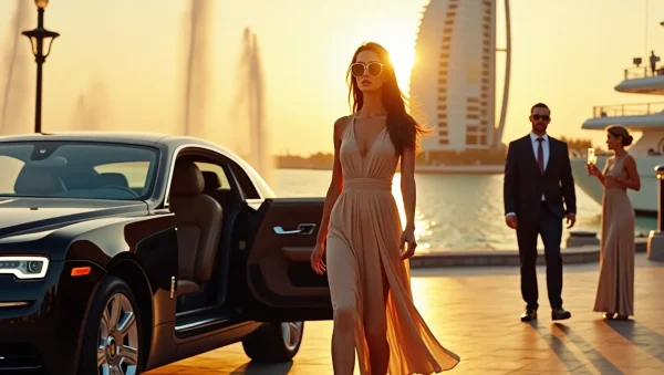 Elegant woman stepping out of a luxury car in Dubai at sunset, with yachts and high-profile guests in the background – elite companion lifestyle.