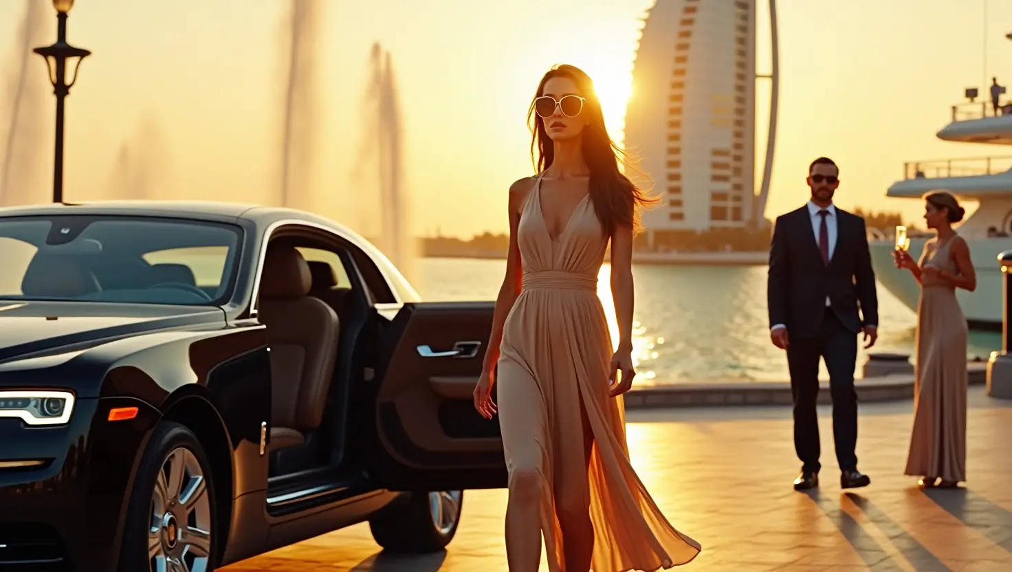 Elegant woman stepping out of a luxury car in Dubai at sunset, with yachts and high-profile guests in the background – elite companion lifestyle.