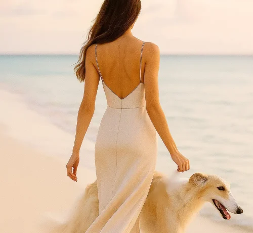 Elegant female companion for hire walking gracefully on a beach at sunset, wearing a backless beige dress and holding a graceful borzoi dog by her side.
