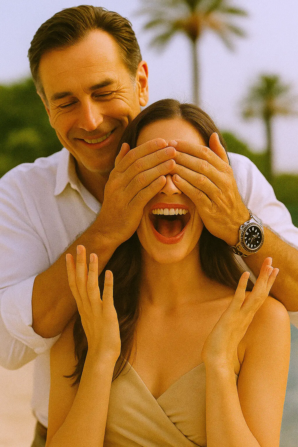 Refined couple in a golden atmosphere enjoying a luxurious dating experience.