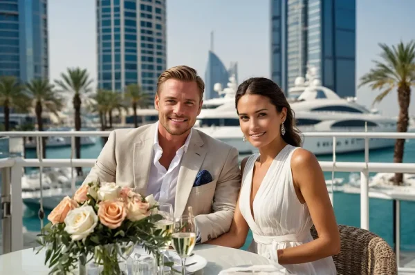 Elegant couple enjoying a sunny lunch at a luxury marina restaurant in Dubai, with yachts and skyscrapers in the background.