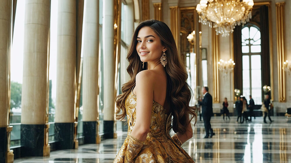 Travel girl: A beautiful Brazilian girl with a baby face, dressed in a luxurious gown, posing in the elegant lobby of a luxury hotel.