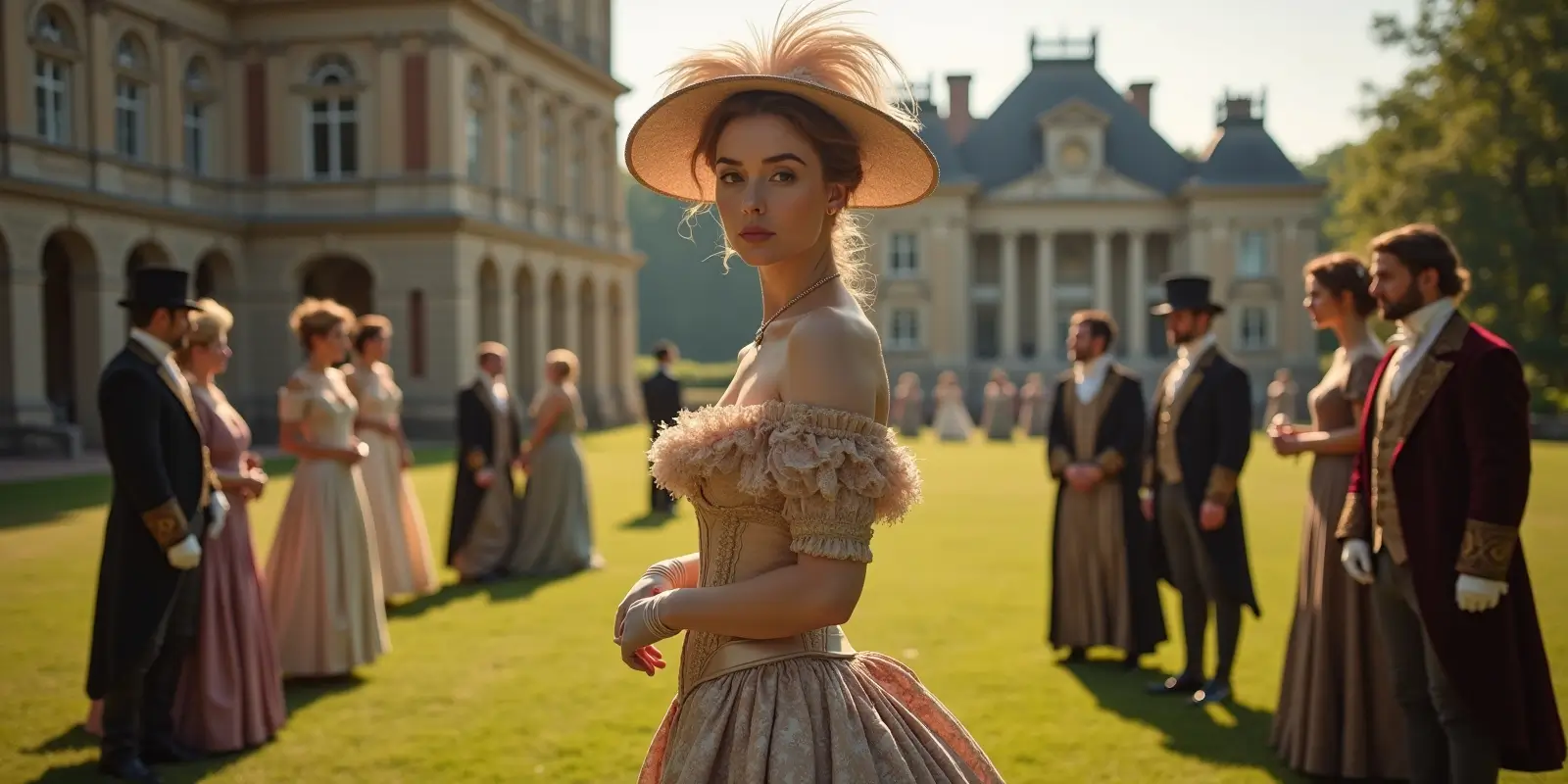 Elegant luxury courtesan in a historical London Elegant luxury courtesan in a historical London garden setting, surrounded by aristocratic guests