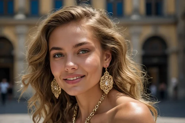 Smiling young model with wavy blonde hair and gold jewelry, posing outdoors in Munich with historic architecture in the background