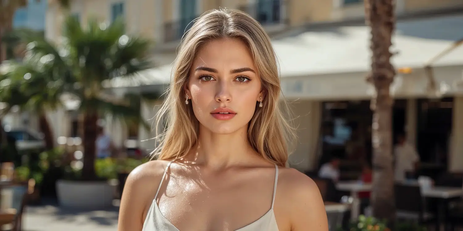 Beautiful blonde elite travel companion in a white dress, standing outdoors in a sunny luxury resort setting with palm trees in the background.
