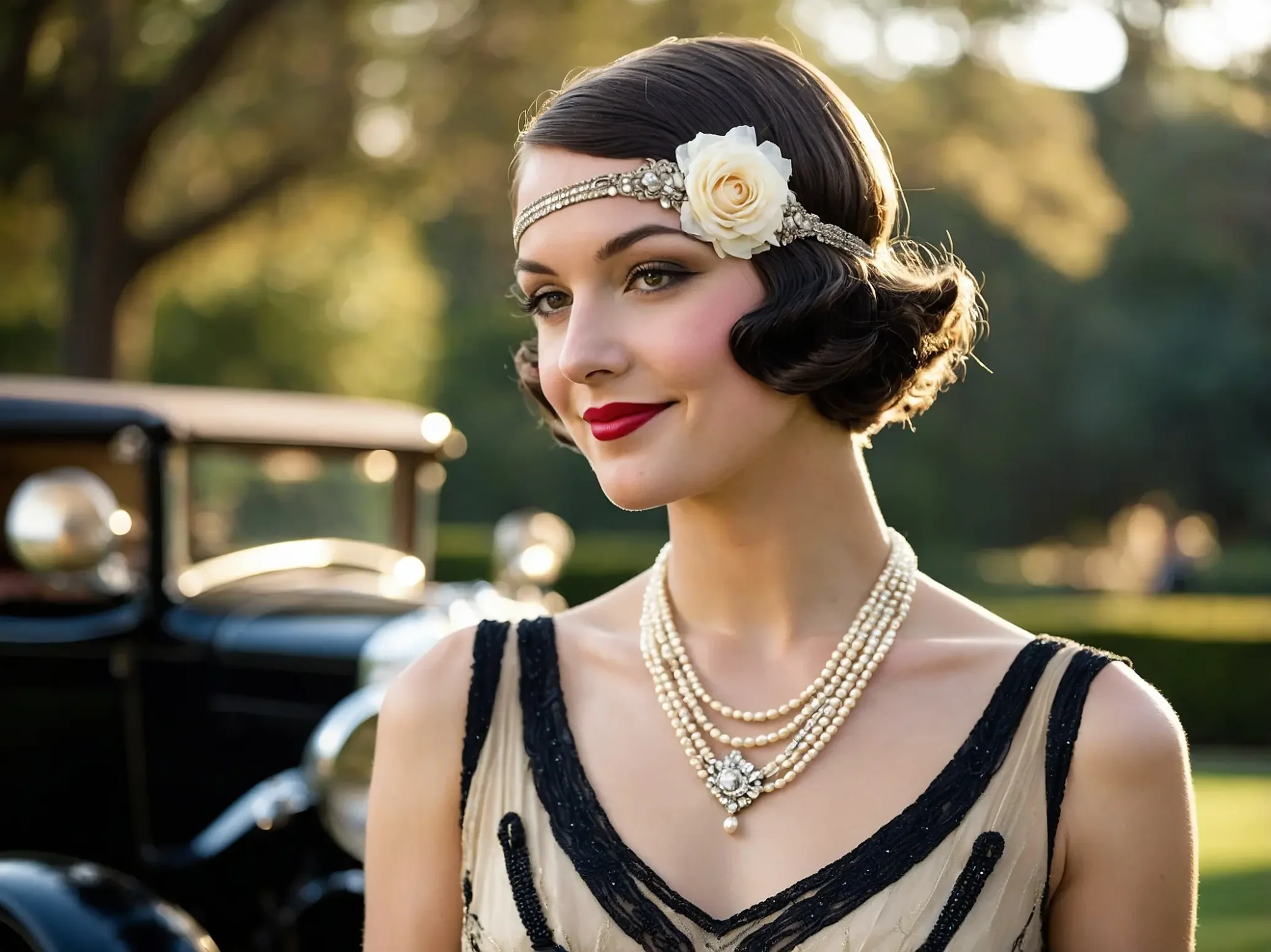 Portrait of a vintage-style luxury courtesan in pearls and 1920s attire, standing beside a classic car. Bankmodels elite courtesan