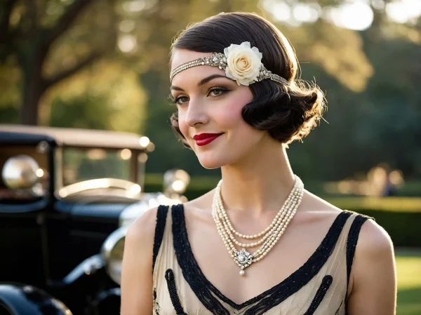 Portrait of a vintage-style luxury courtesan in pearls and 1920s attire, standing beside a classic car