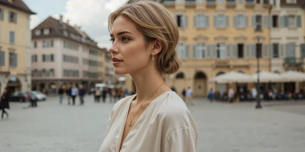 Close-up portrait of a sophisticated young model with natural makeup in Zurich’s old town