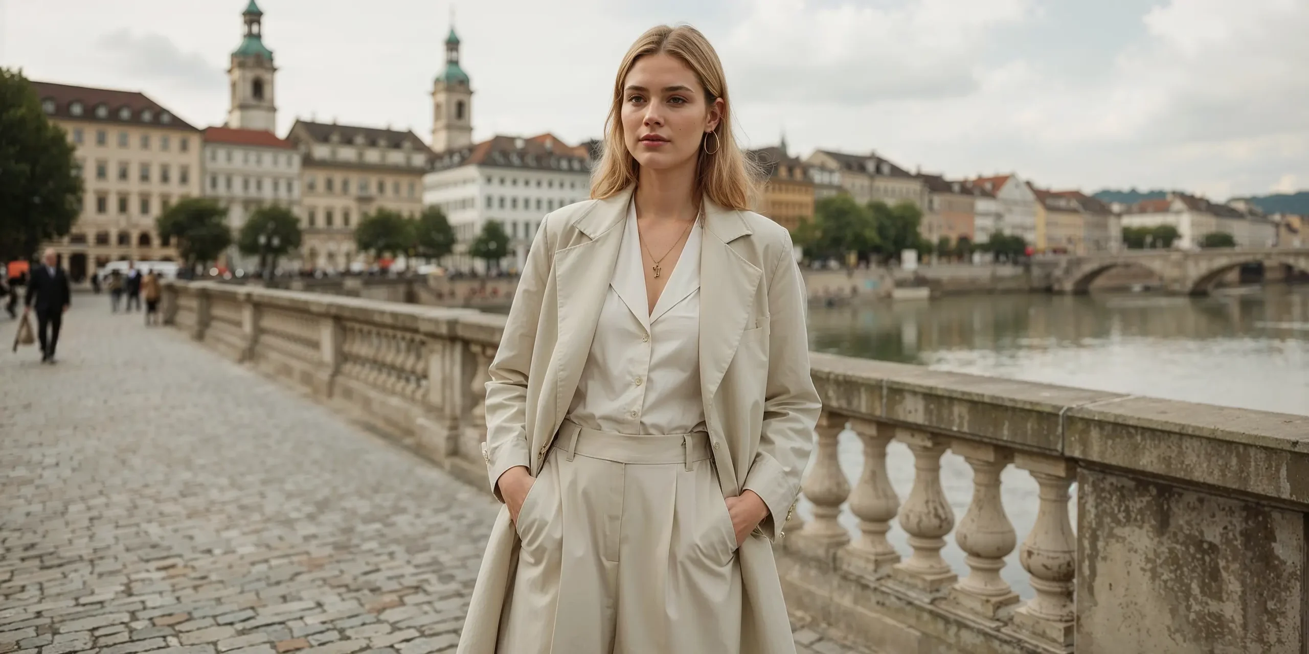 Stylish blonde model in a cream suit standing by the river in Zurich