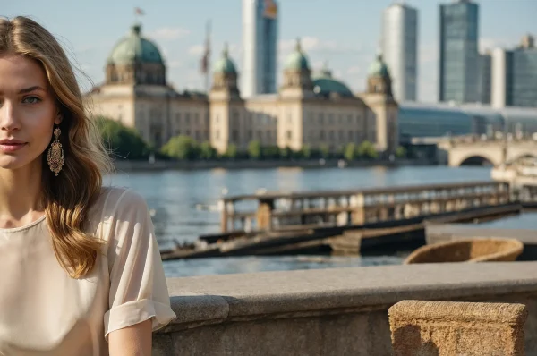 Stylish woman with golden earrings near Berlin cathedral and Spree River skyline