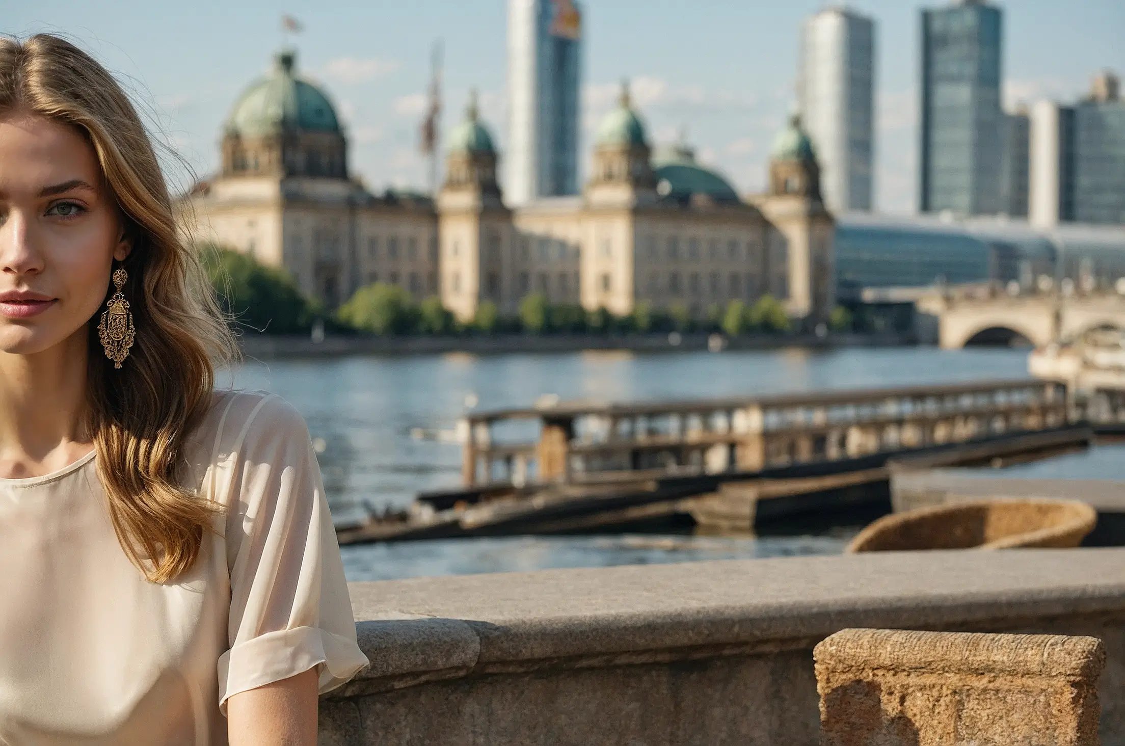 Stylish woman with golden earrings near Berlin cathedral and Spree River skyline