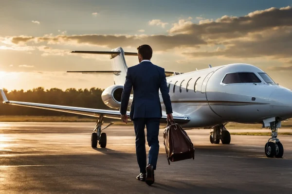 A confident businessman in a blue suit walking toward a private jet at sunrise, carrying a leather bag. The scene evokes luxury, exclusivity, and high-net-worth travel.