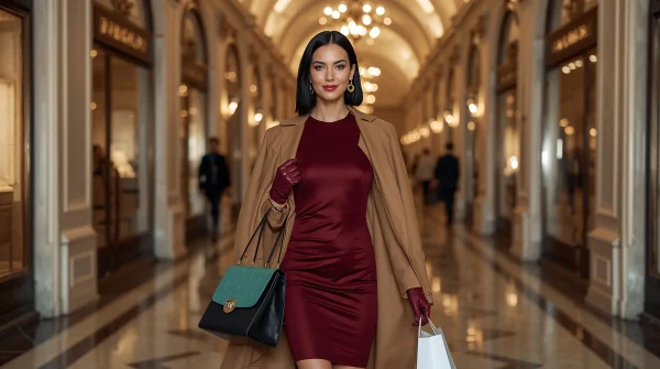 Elegant paid travel companion walking through a luxury gallery hall in a burgundy dress, carrying a handbag with confidence.