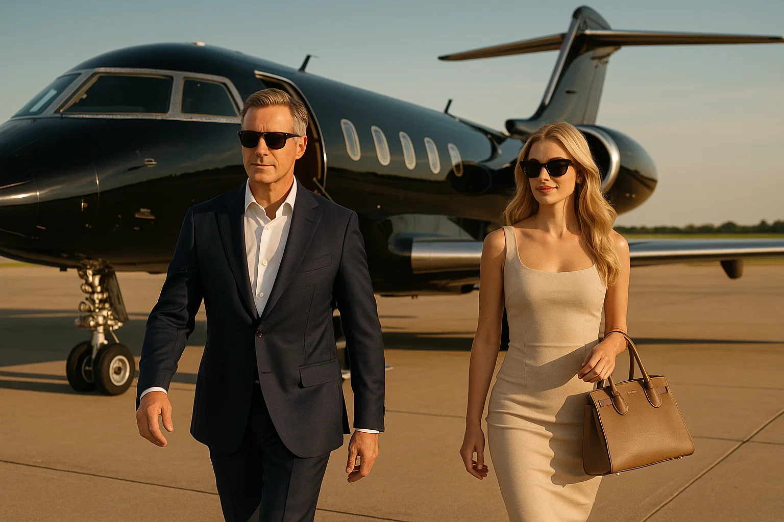 stylish couple walking near private jet — sponsorship relationship