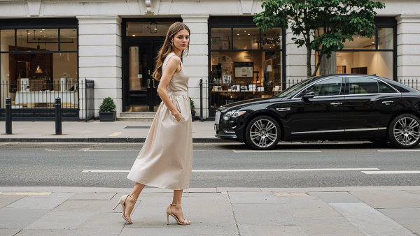 Elegant young woman in a champagne-colored dress walking on a city street with a black luxury car in the background