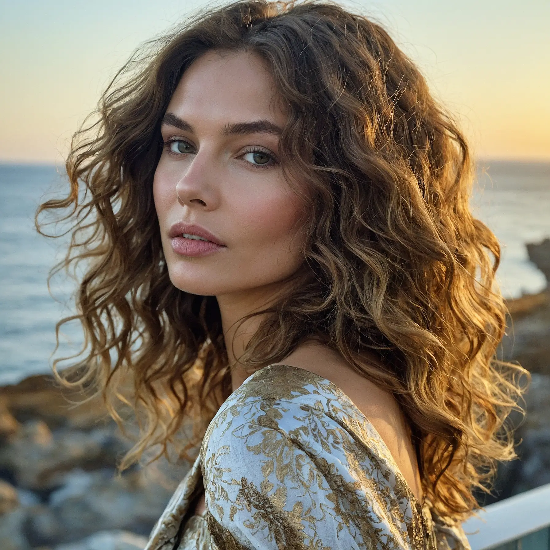 Elegant woman with natural curls by the sea, symbol of timeless beauty of a VIP courtesan