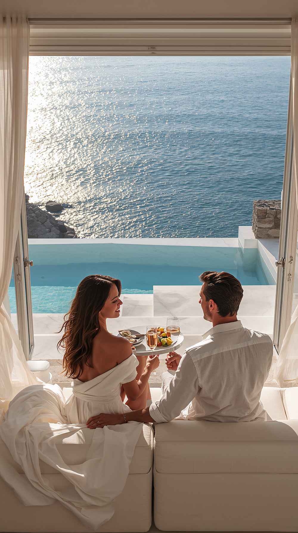 Couple relaxing on a white terrace bed by the sea, sharing champagne at sunset with elegant curtains framing the ocean view.