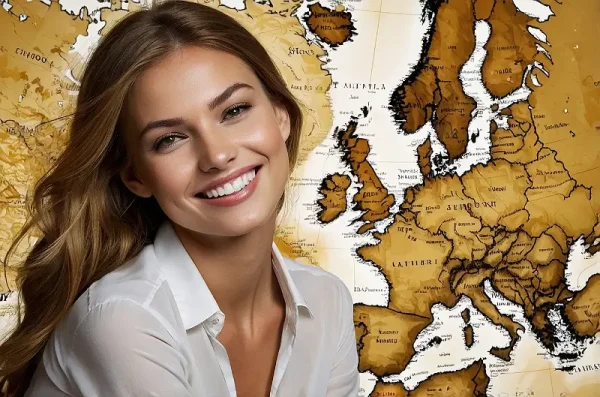 Elite travel companion smiling woman with world map background