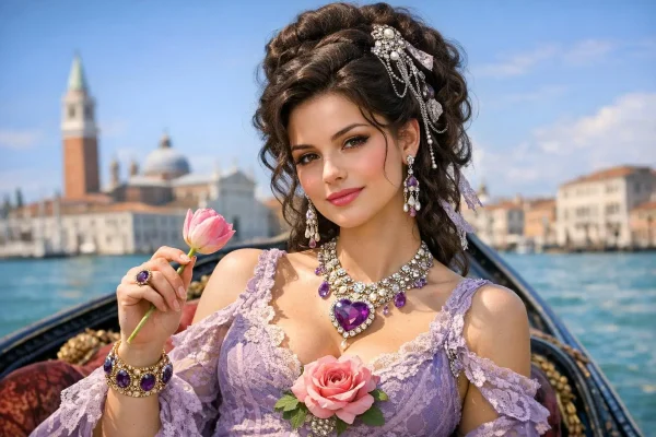 VIP courtesan in Venice in lilac lace, holding a pink peony by the water – BankModels