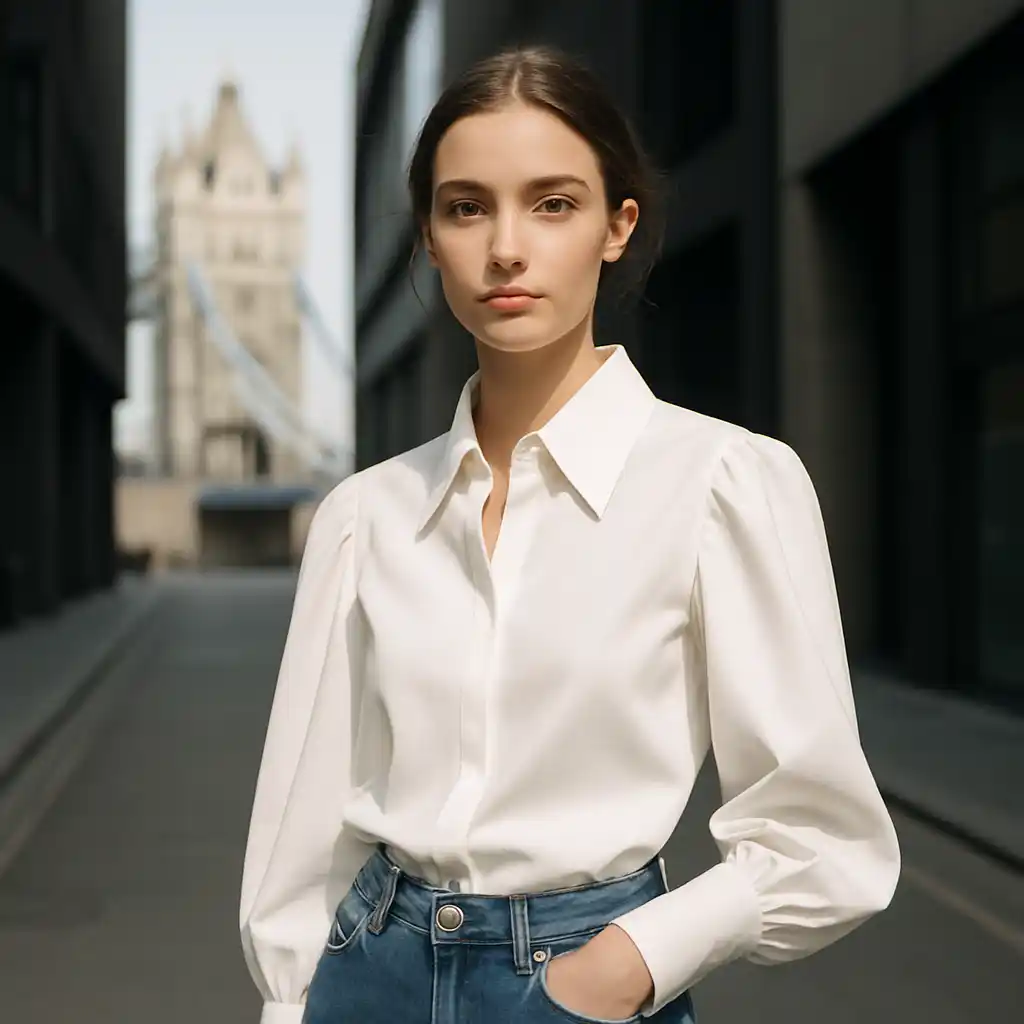 Model in jeans and white shirt standing in London during the day, looking at the camera