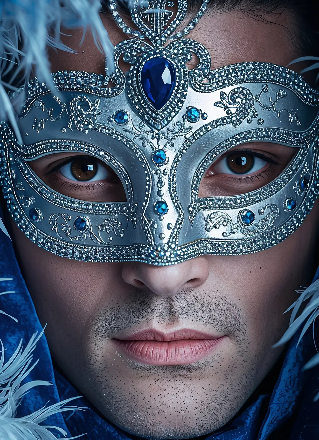 Elegant man in a silver and blue masquerade mask with jewel details, close-up portrait.