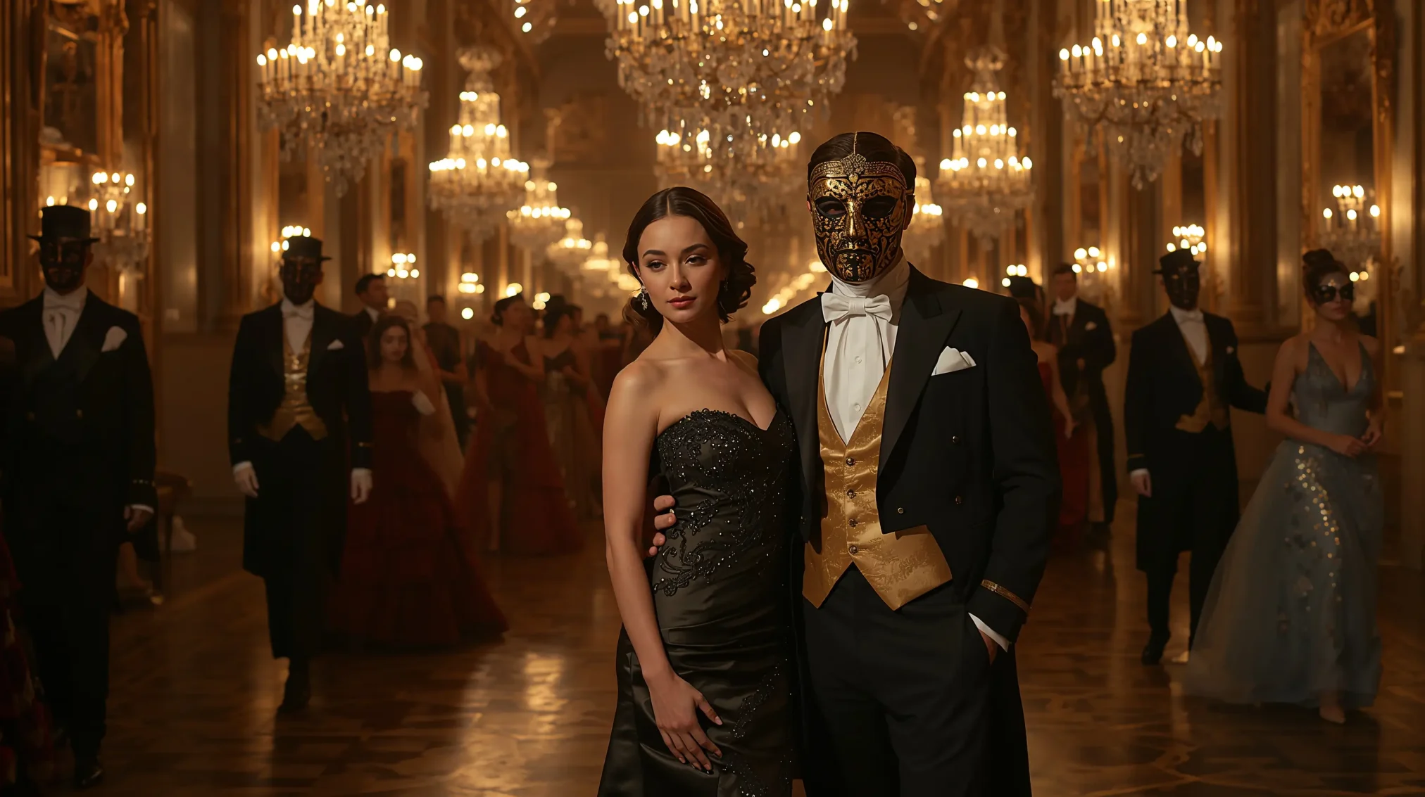 Elegant woman in a strapless black gown with a man in a tuxedo and golden mask at a grand masquerade ball.