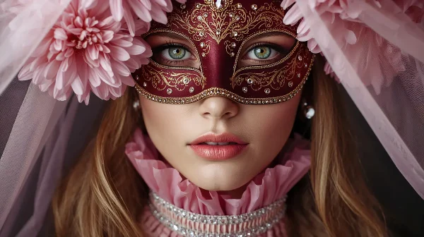 Beautiful woman in a red Venetian mask with golden details, green eyes, and pink flowers around her face, symbolizing elegance and discreet dating.