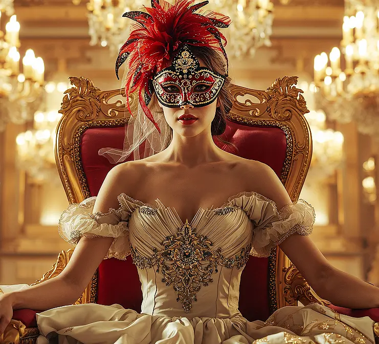 Elegant woman in a Venetian-style masquerade mask with red feathers, seated on a golden throne in a luxurious ballroom.