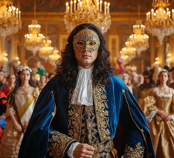 Man in an ornate golden mask and royal blue embroidered coat at a grand masquerade ball.
