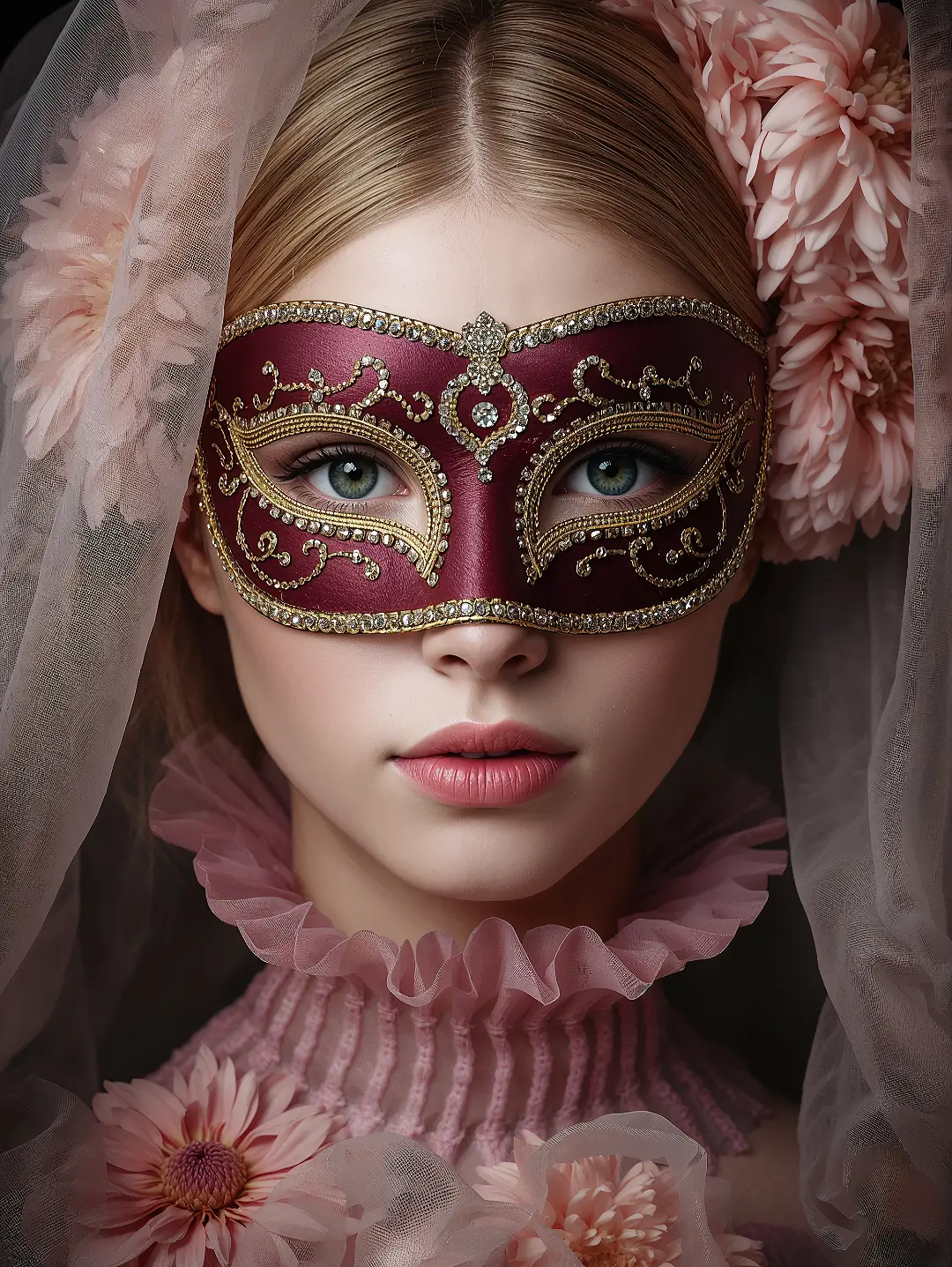 Beautiful young woman with green eyes wearing a red Venetian mask and pink ruffled gown, surrounded by soft flowers and veil.