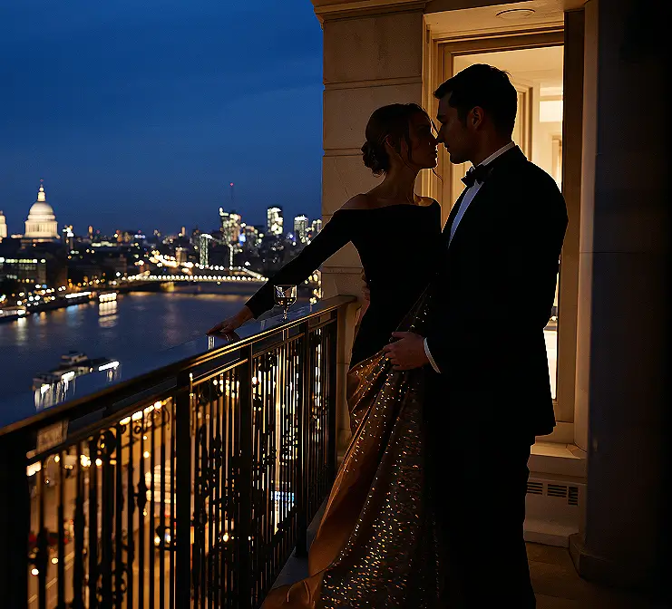 Elegant couple on a London balcony at night overlooking the Thames and city skyline.