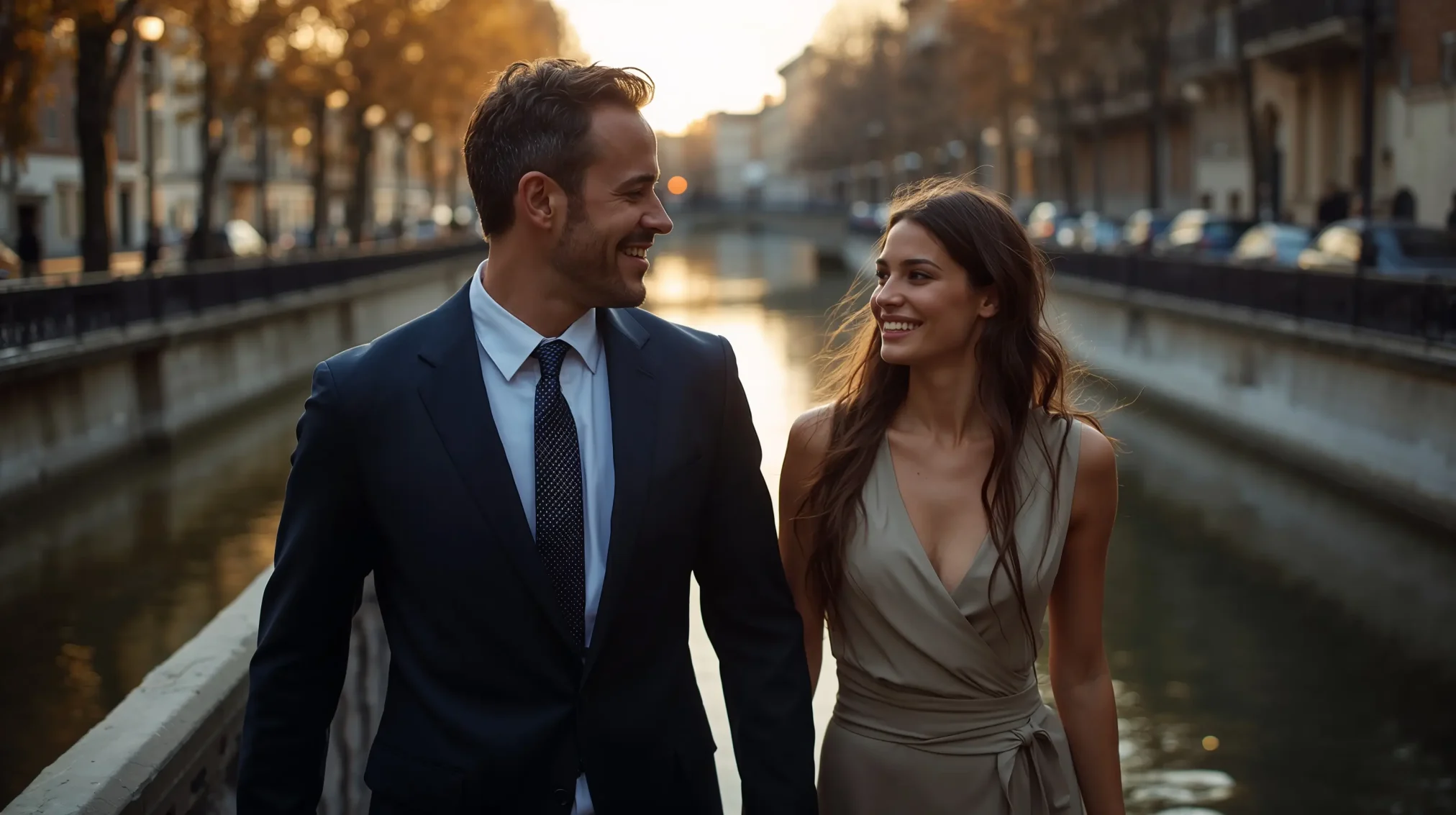 Elegant couple walking together along a canal during a luxury city trip, representing a female travel companion experience