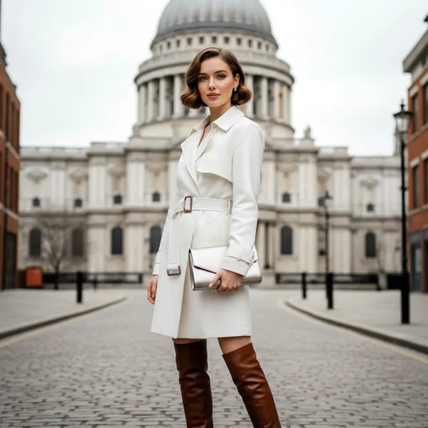 Model in white coat and brown boots standing on a London street holding a white handbag
