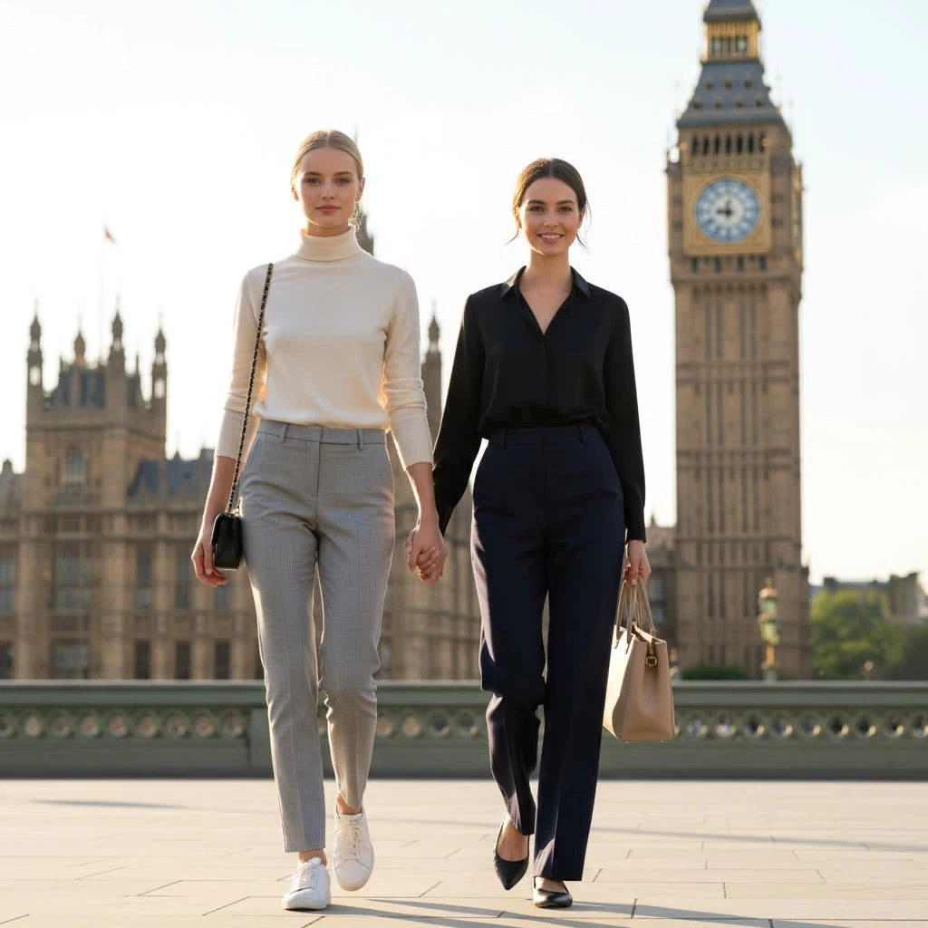 Models walking hand in hand through the streets of London