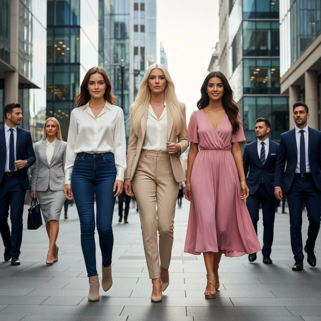 Three models walking down a London street — one in jeans and a white shirt, one in a beige suit, and one in a pink dress