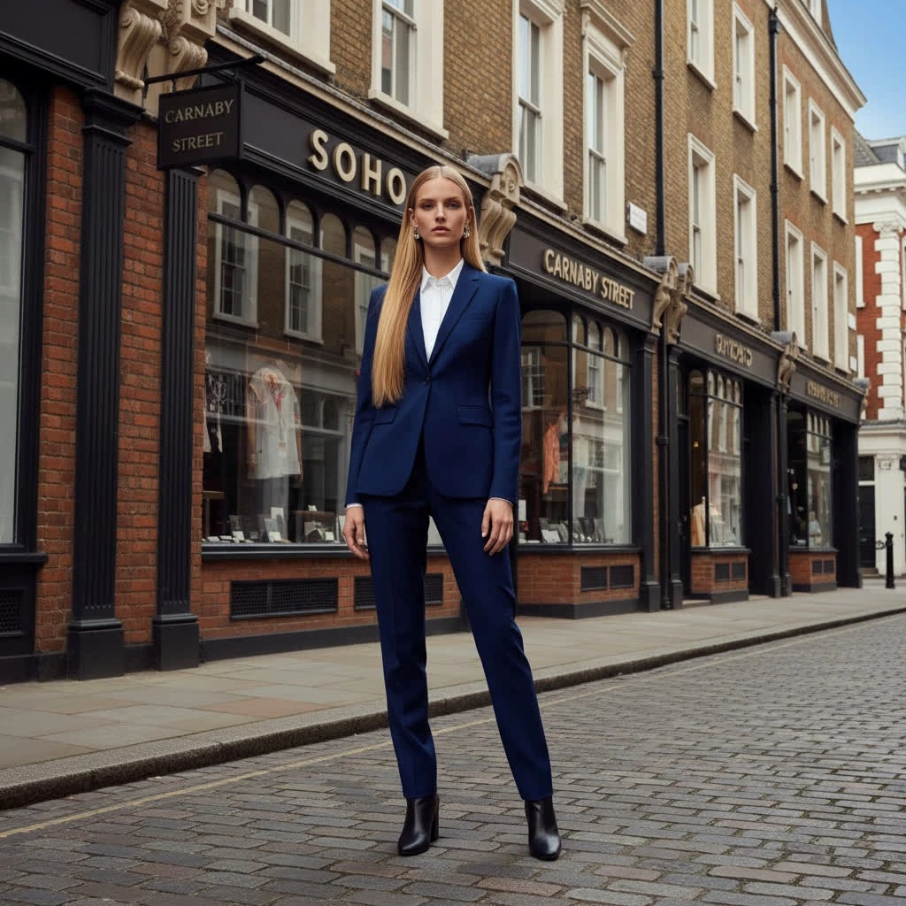 Blonde woman in a dark blue suit standing on a London street during the day