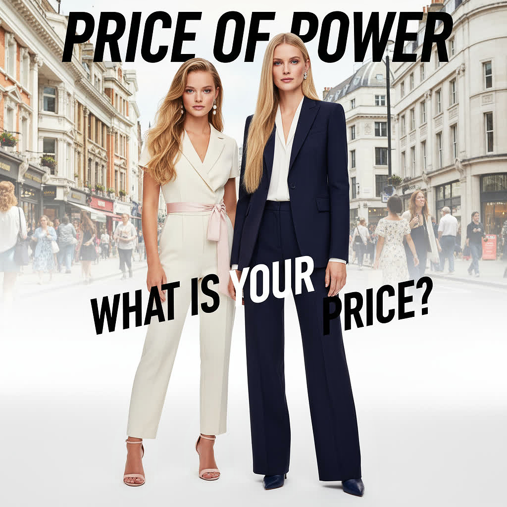 Two stylish young women in elegant suits standing on a city street with bold text “Price of Power – What is your price?”