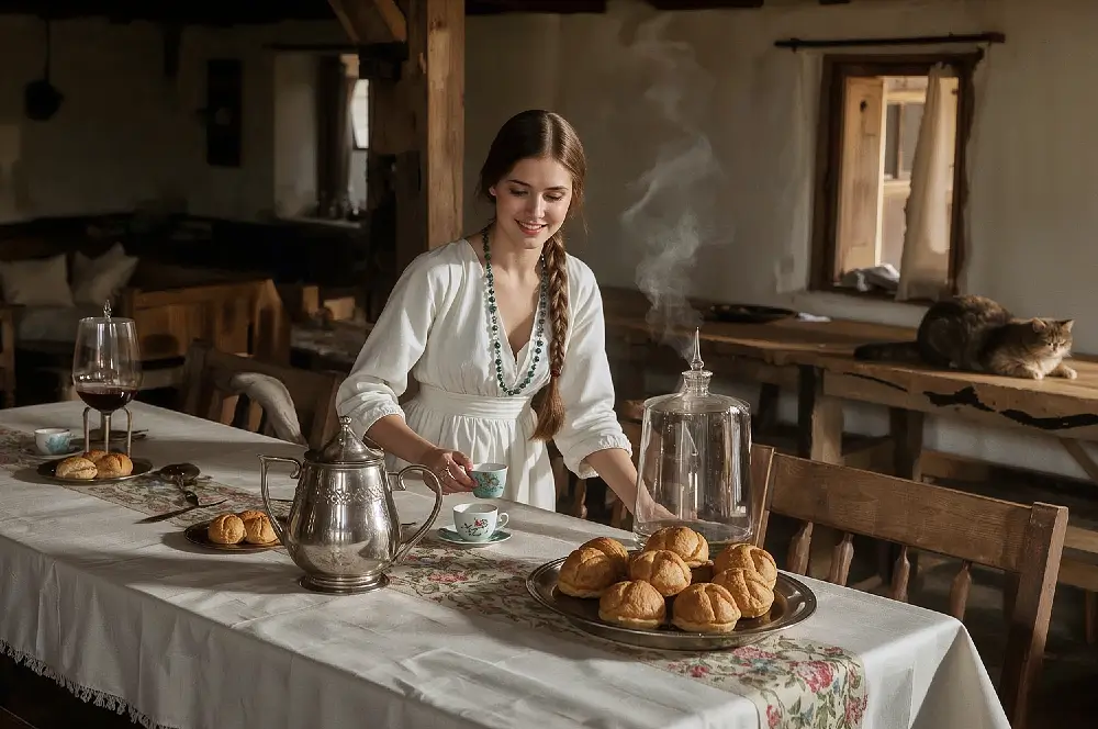 Beautiful young Slavic girl in traditional dress serving tea and pastries in a rustic wooden house.