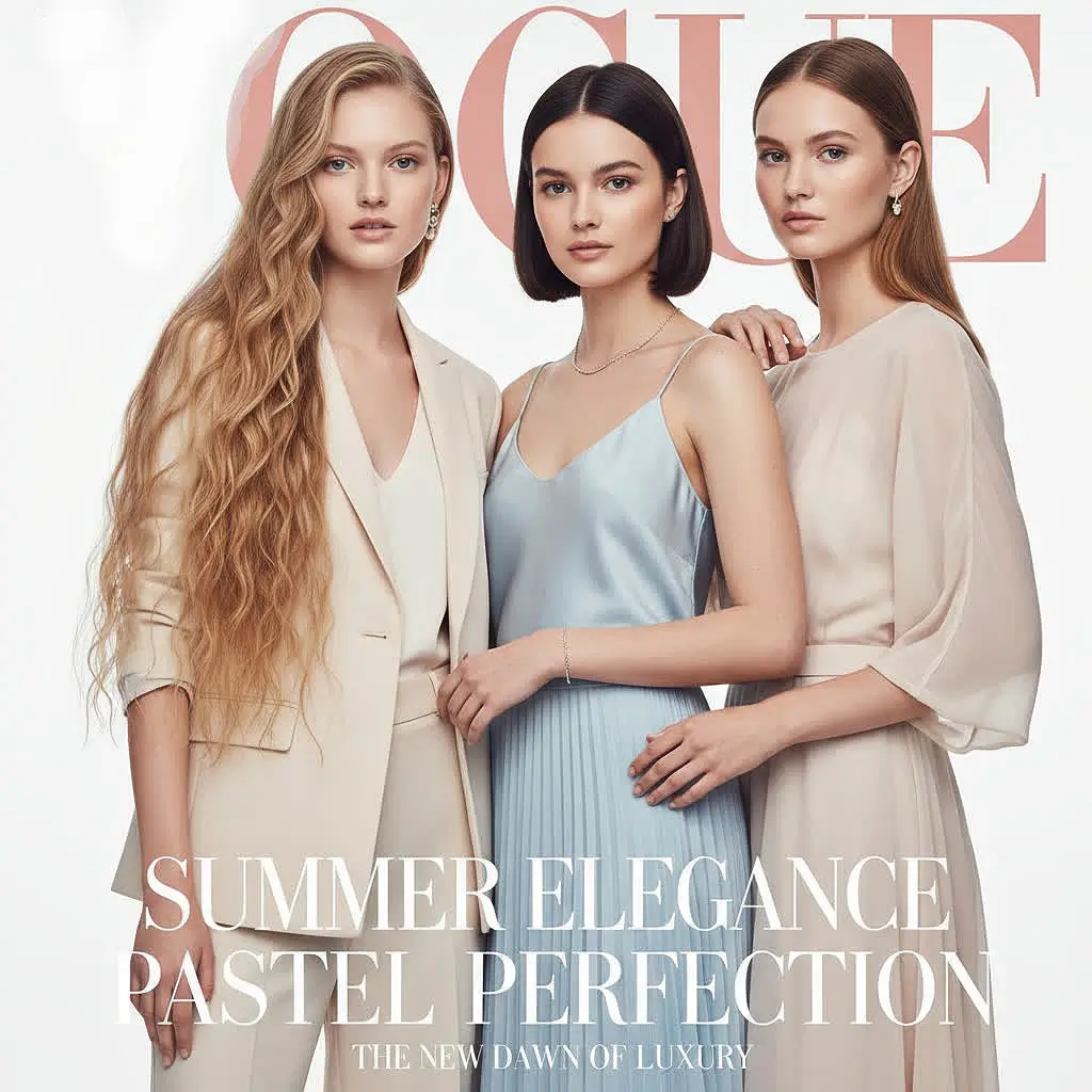 Three elegant young women in pastel outfits posing for a fashion cover shoot, styled with summer elegance and sophistication.