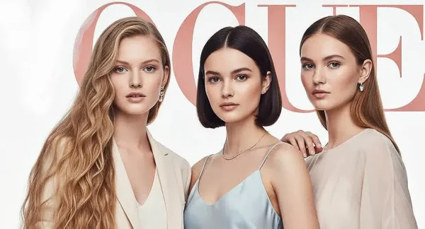 Three elegant young women in pastel fashion outfits posing for a luxury magazine cover shoot.
