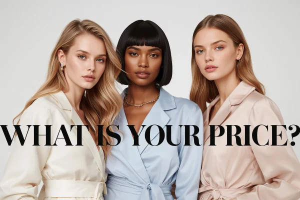 Three elegant women in silk outfits posing confidently under the title ‘What Is Your Price?’ — a refined visual of discreet luxury and allure