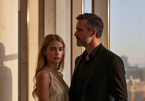 A high-profile couple standing by large windows in warm evening light, showcasing luxury, elegance, and confident presence.