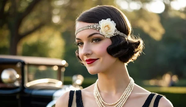 Close-up portrait of an elegant woman in 1920s style. She wears a pearl-and-rose headband and a pearl necklace, smiling against a blurry park background with a vintage car.