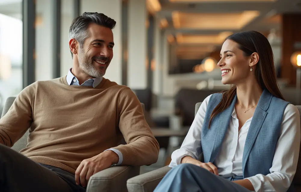 Elegant couple seated in a luxury riverside restaurant; the man looks composed while the woman, a vogue companion, supports him with calm presence