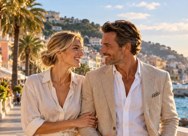 An elegant couple strolling along the Mediterranean promenade in Nice