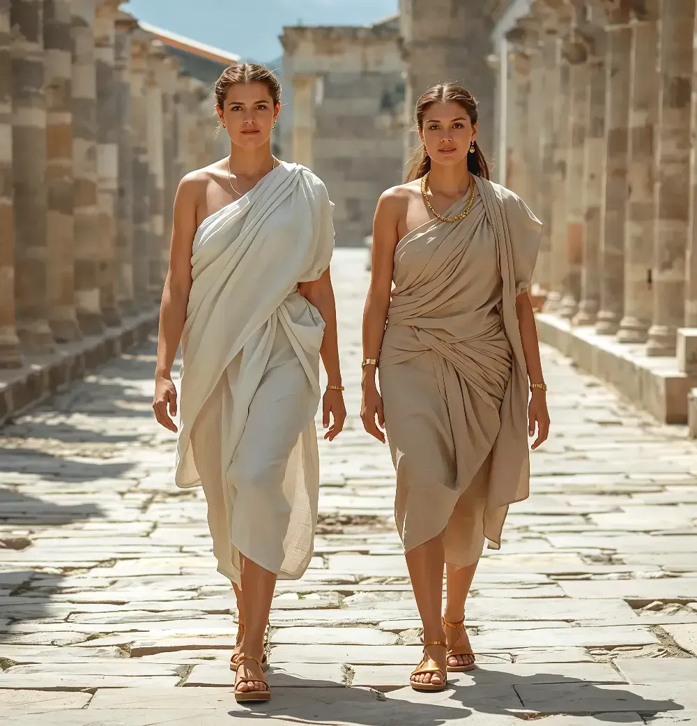 Two elegant women walking together
